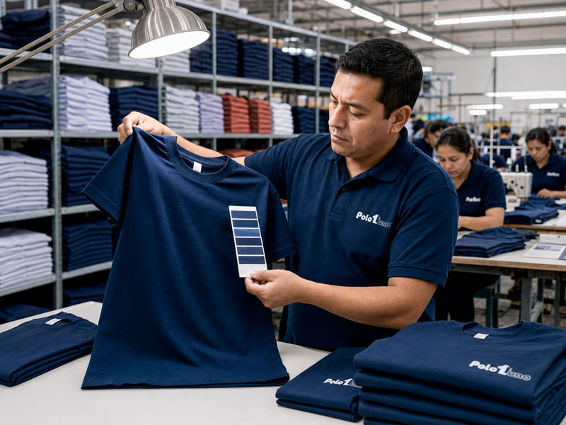 Responsable de producción verificando el color de un polo en el taller de Polo Uno
